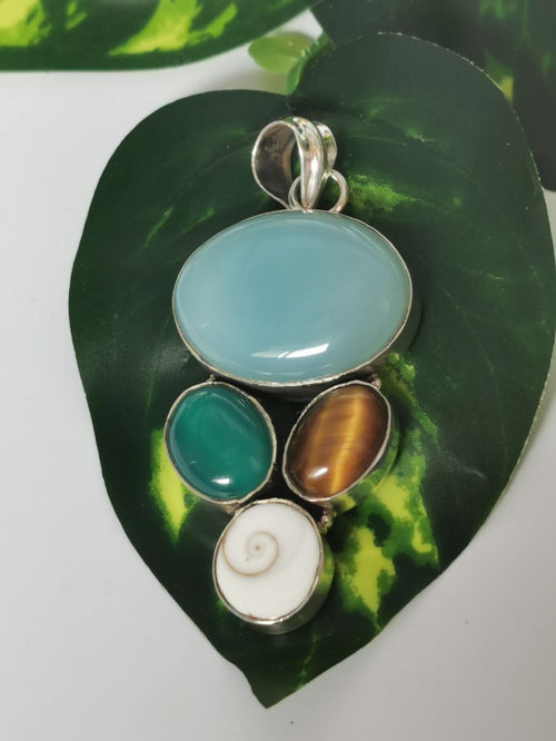 Multi Gemstone Jewelry Pendant having blue & green onyx, tiger eye and shiva eye stones made in 925 sterling silver | Christmas gift | Mothers Day | Anniversary Gift | Birthday Gift - Shwasam
