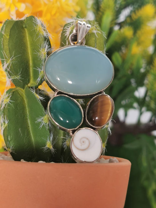 Multi Gemstone Jewelry Pendant having blue & green onyx, tiger eye and shiva eye stones made in 925 sterling silver | Christmas gift | Mothers Day | Anniversary Gift | Birthday Gift - Shwasam