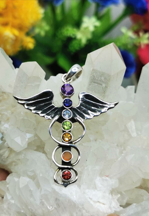 Chakra stones pendant in 925 sterling silver with Amethyst, Garnet, Iolite, Carnelian, Blue Topaz, Peridot, Citrine stones | gifts for her | gifts for girlfriend | gifts for mom daughter sister - Shwasam