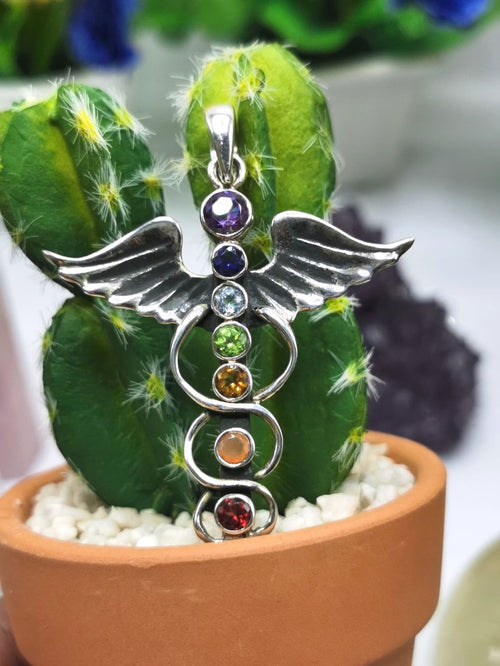 Chakra stones pendant in 925 sterling silver with Amethyst, Garnet, Iolite, Carnelian, Blue Topaz, Peridot, Citrine stones | gifts for her | gifts for girlfriend | gifts for mom daughter sister - Shwasam