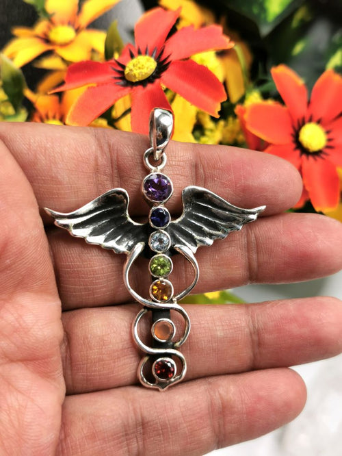 Chakra stones pendant in 925 sterling silver with Amethyst, Garnet, Iolite, Carnelian, Blue Topaz, Peridot, Citrine stones | gifts for her | gifts for girlfriend | gifts for mom daughter sister - Shwasam