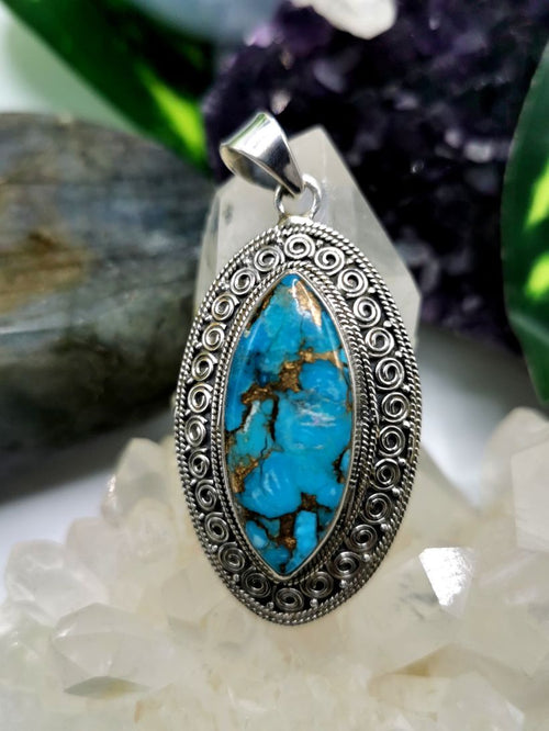 Amazing blue copper turquoise pendant in 925 Sterling Silver | Christmas gift | Mothers Day | Anniversary Gift | Birthday Gift - Shwasam