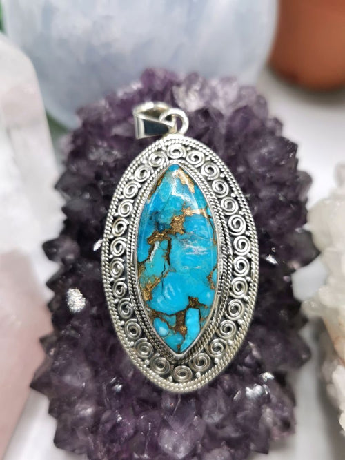 Amazing blue copper turquoise pendant in 925 Sterling Silver | Christmas gift | Mothers Day | Anniversary Gift | Birthday Gift - Shwasam
