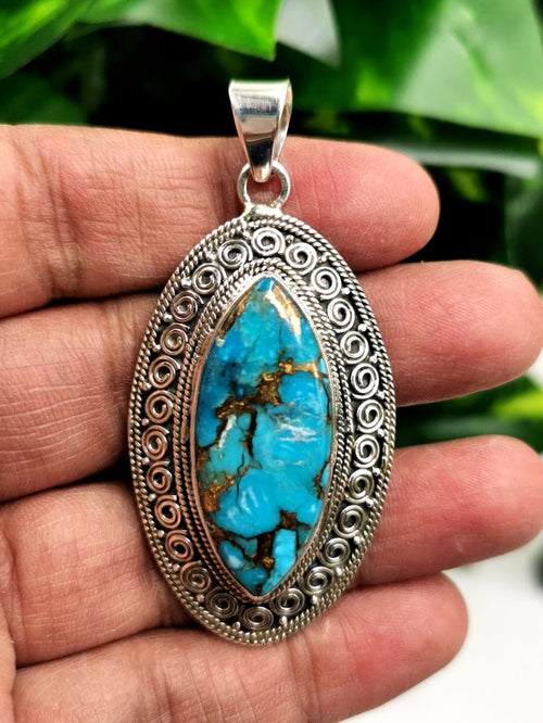 Amazing blue copper turquoise pendant in 925 Sterling Silver | Christmas gift | Mothers Day | Anniversary Gift | Birthday Gift - Shwasam