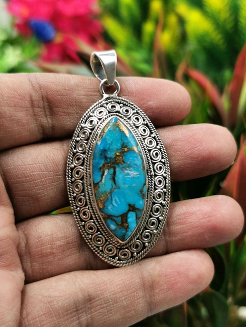 Amazing blue copper turquoise pendant in 925 Sterling Silver | Christmas gift | Mothers Day | Anniversary Gift | Birthday Gift - Shwasam