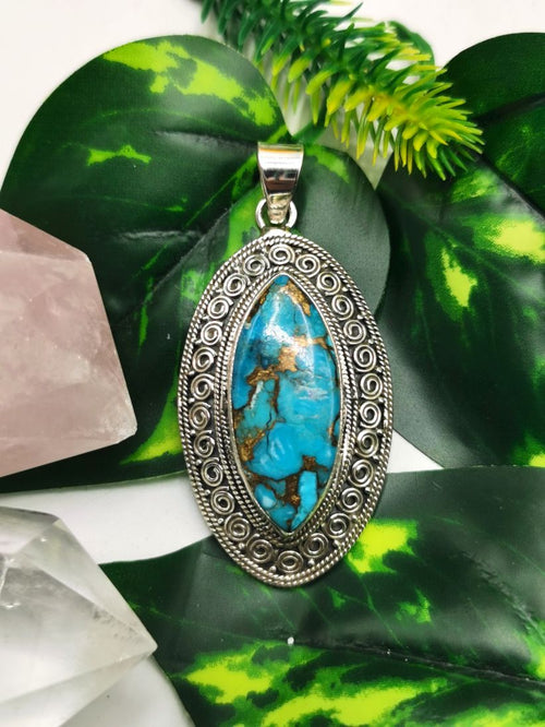 Amazing blue copper turquoise pendant in 925 Sterling Silver | Christmas gift | Mothers Day | Anniversary Gift | Birthday Gift - Shwasam