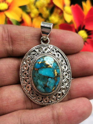 Awesome blue copper turquoise pendant in 925 Sterling Silver | Christmas gift | Mothers Day | Anniversary Gift | Birthday Gift - Shwasam