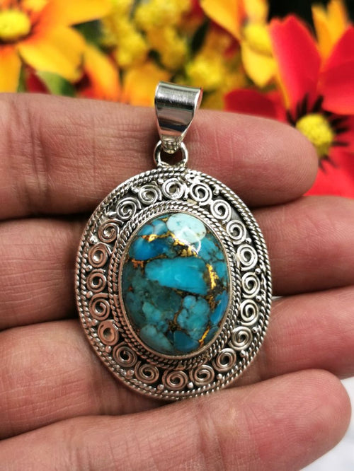 Awesome blue copper turquoise pendant in 925 Sterling Silver | Christmas gift | Mothers Day | Anniversary Gift | Birthday Gift - Shwasam