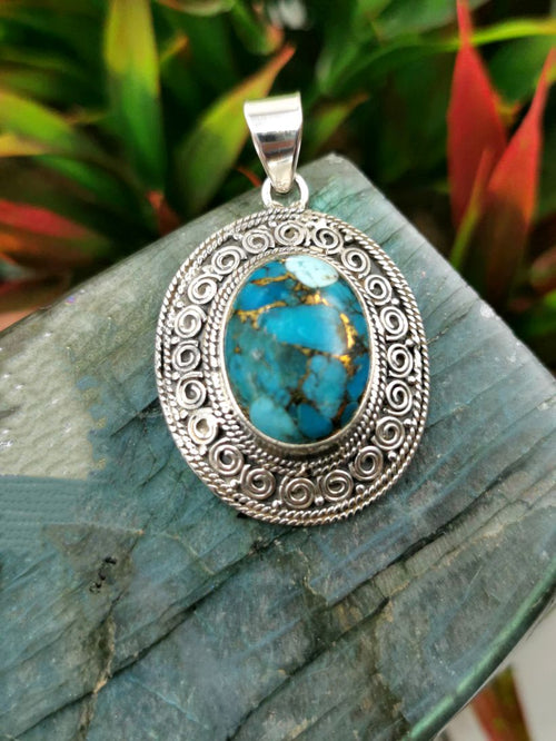 Awesome blue copper turquoise pendant in 925 Sterling Silver | Christmas gift | Mothers Day | Anniversary Gift | Birthday Gift - Shwasam