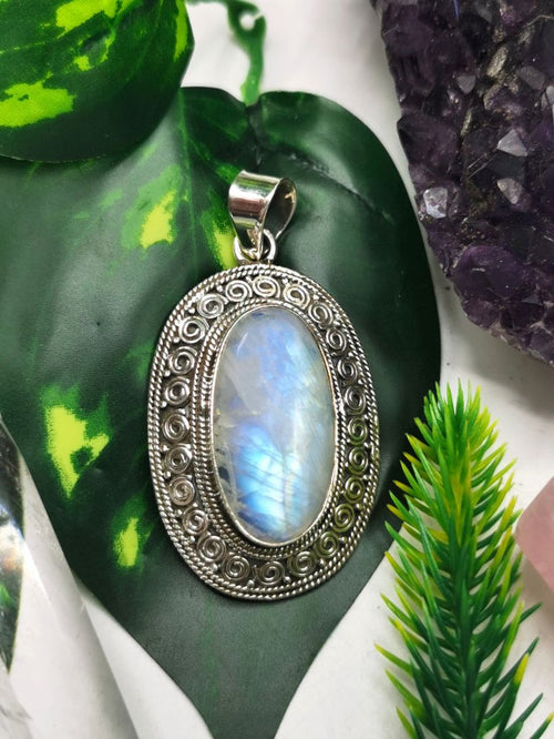 Rainbow Moonstone Pendant set in beautifully designed 925 Sterling Silver - with blue flash moonstone | gifts for her | gifts for girlfriend | gifts for mom daughter sister - Shwasam