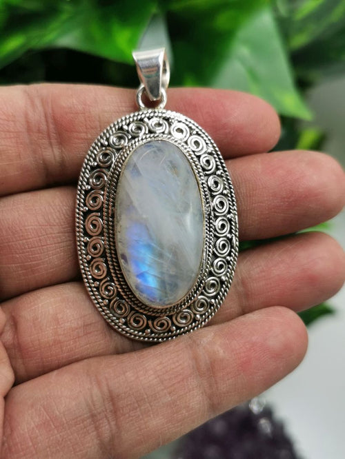 Rainbow Moonstone Pendant set in beautifully designed 925 Sterling Silver - with blue flash moonstone | gifts for her | gifts for girlfriend | gifts for mom daughter sister - Shwasam
