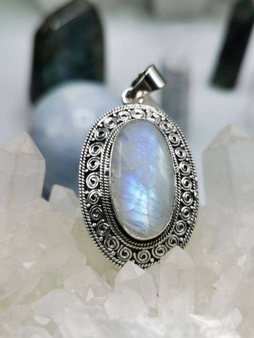 Rainbow Moonstone Pendant set in beautifully designed 925 Sterling Silver - with blue flash moonstone | gifts for her | gifts for girlfriend | gifts for mom daughter sister - Shwasam