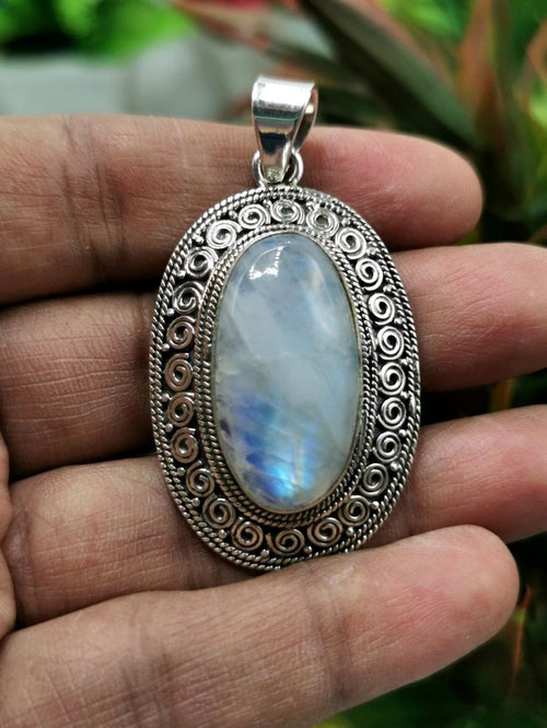 Rainbow Moonstone Pendant set in beautifully designed 925 Sterling Silver - with blue flash moonstone | gifts for her | gifts for girlfriend | gifts for mom daughter sister - Shwasam