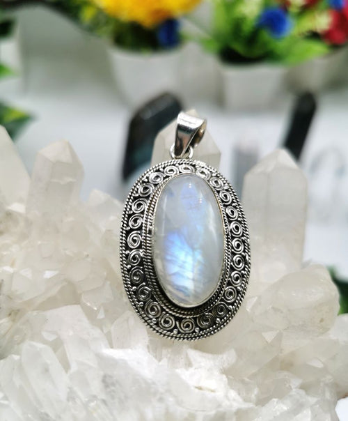Rainbow Moonstone Pendant set in beautifully designed 925 Sterling Silver - with blue flash moonstone | gifts for her | gifts for girlfriend | gifts for mom daughter sister - Shwasam