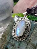 Rainbow Moonstone Pendant set in beautifully designed 925 Sterling Silver - with blue flash moonstone | gifts for her | gifts for girlfriend | gifts for mom daughter sister - Shwasam