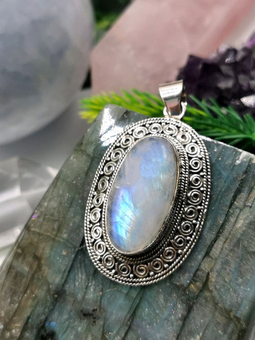 Rainbow Moonstone Pendant set in beautifully designed 925 Sterling Silver - with blue flash moonstone | gifts for her | gifts for girlfriend | gifts for mom daughter sister - Shwasam