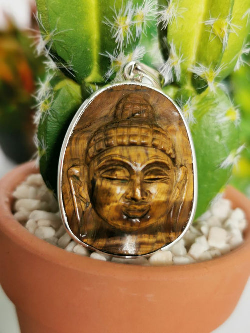 Tiger eye stone Buddha head pendant made in 925 sterling silver | gemstone jewelry | crystal jewelry | quartz - Shwasam