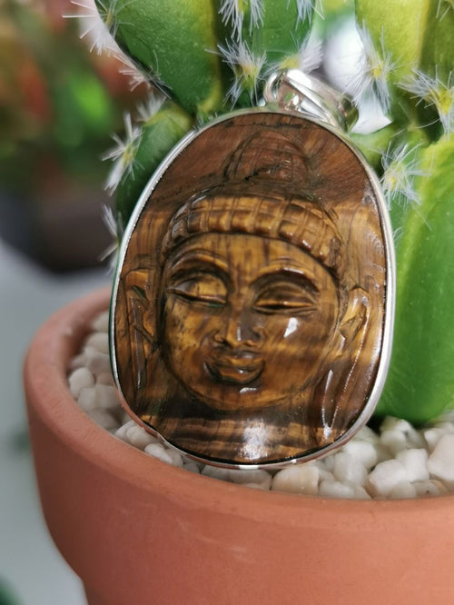 Tiger eye stone Buddha head pendant made in 925 sterling silver | gemstone jewelry | crystal jewelry | quartz - Shwasam