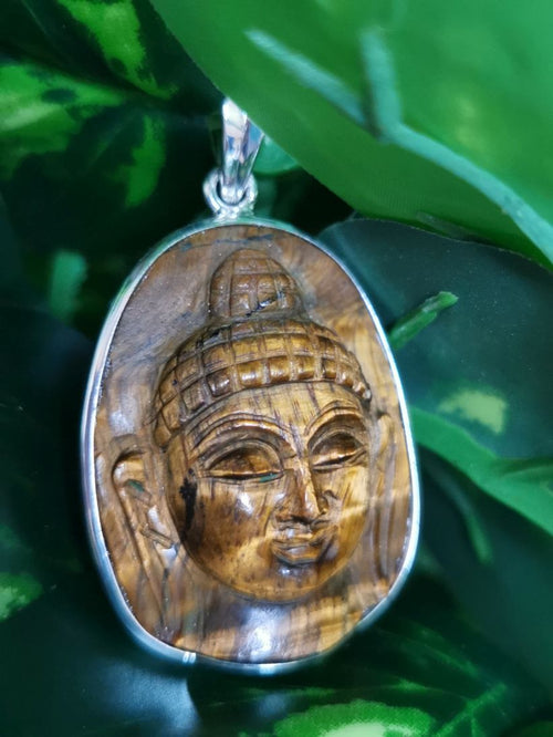 Tiger eye stone Buddha head pendant made in 925 sterling silver | gemstone jewelry | crystal jewelry | quartz - Shwasam