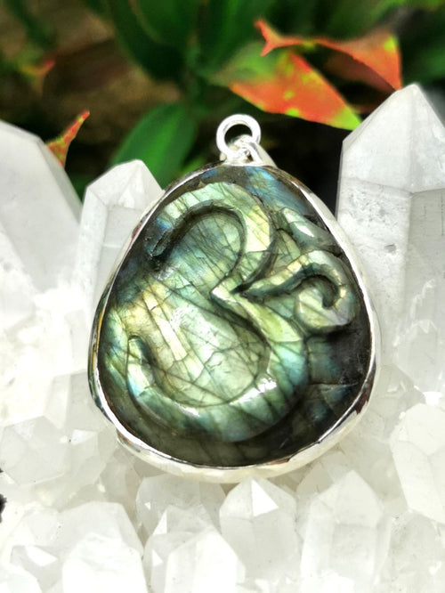 Labradorite OM inscribed pendant in 925 sterling silver | gifts for her | gifts for girlfriend | gifts for mom daughter sister - Shwasam