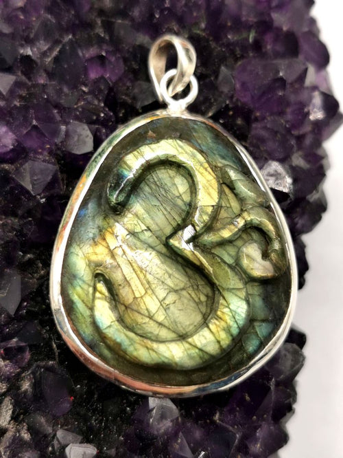 Labradorite OM inscribed pendant in 925 sterling silver | gifts for her | gifts for girlfriend | gifts for mom daughter sister - Shwasam