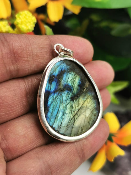 Labradorite OM inscribed pendant in 925 sterling silver | gifts for her | gifts for girlfriend | gifts for mom daughter sister - Shwasam