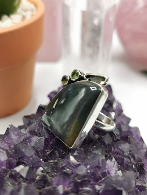 Amazing and unique multi-stone, jasper, peridot and citrine ring in 92