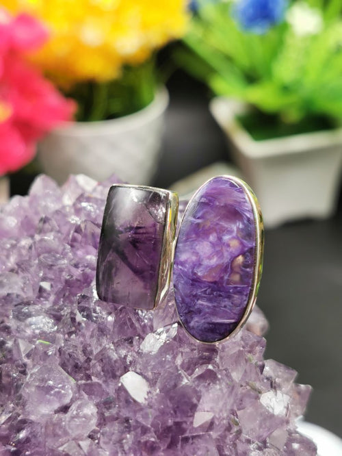 Amethyst & Charoite ring in 925 sterling silver -size 8.5 | Engagement ring | gemstone jewelry | crystal jewelry | quartz jewelry | finger ring - Shwasam