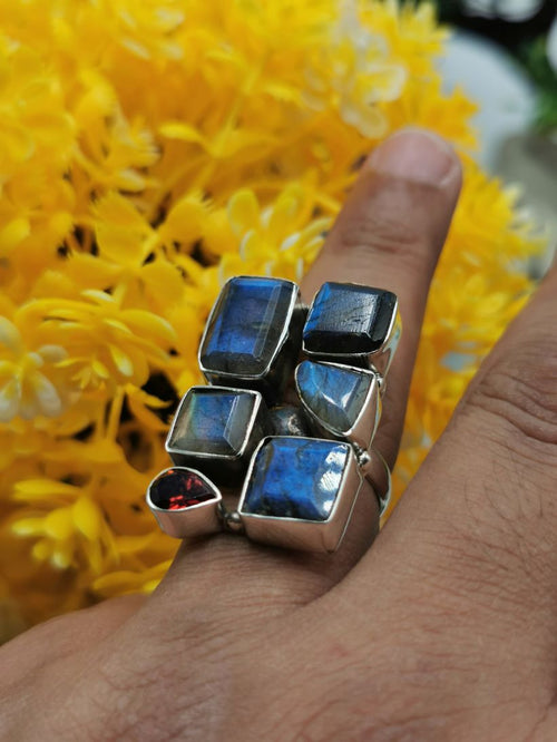 925 Sterling Silver Engagement Ring with original Labradorite and Garnet stone - uniquely designed finger ring ideal for wedding engagement rings | gifts for her - Shwasam