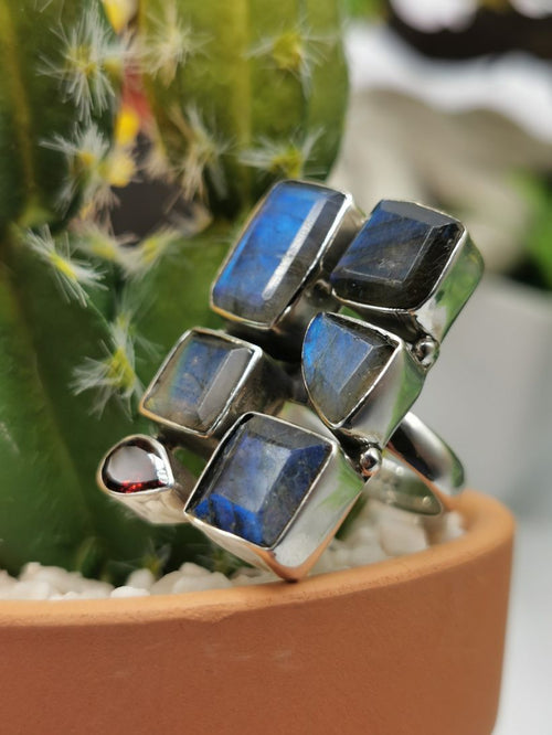 925 Sterling Silver Engagement Ring with original Labradorite and Garnet stone - uniquely designed finger ring ideal for wedding engagement rings | gifts for her - Shwasam
