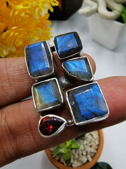 925 Sterling Silver Engagement Ring with original Labradorite and Garnet stone - uniquely designed finger ring ideal for wedding engagement rings | gifts for her - Shwasam