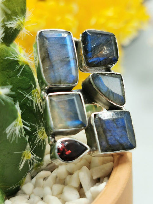 925 Sterling Silver Engagement Ring with original Labradorite and Garnet stone - uniquely designed finger ring ideal for wedding engagement rings | gifts for her - Shwasam