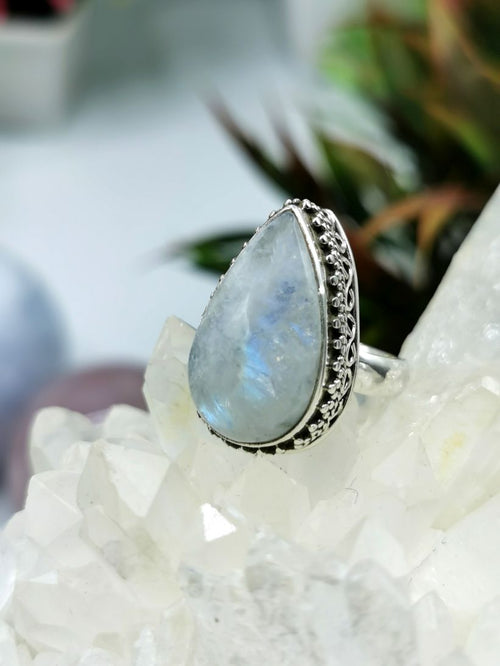 Rainbow Moonstone Ring,Crescent Moon Ring,925 Sterling Silver,All Size 3 to  14