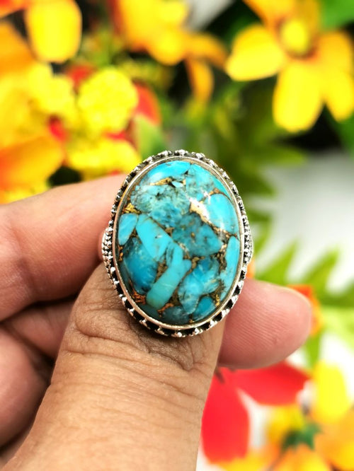 Handmade Unique Blue Copper Turquoise Gemstone Ring In 925 Sterling Silver - All Sizes Available