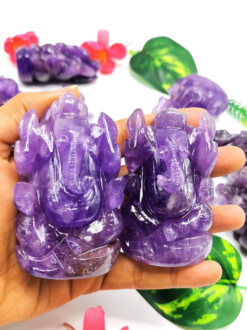 Ganesh Statue in Amethyst Handmade Carving | Lord Ganesha Idol | Figurine in Crystals/Gemstones - Shwasam