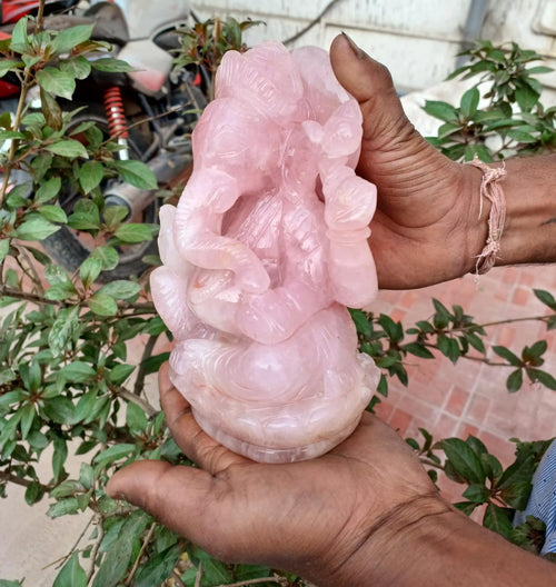 Gemstone Ganesh Handmade in Rose Quartz -Lord Ganesha Idol |Sculpture in Crystals and Gemstones -Reiki/Chakra/Healing - 8 in and 2.97 kg