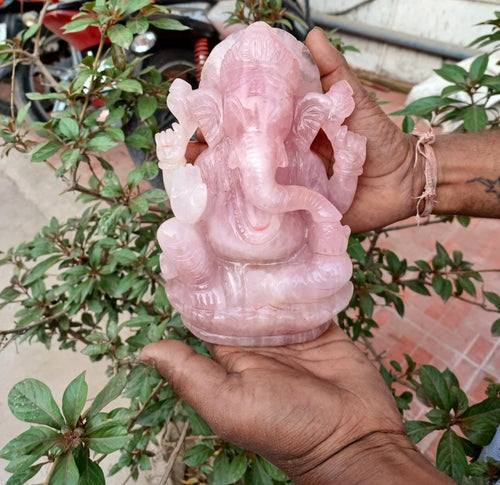 Gemstone Ganesh Handmade in Rose Quartz -Lord Ganesha Idol |Sculpture in Crystals and Gemstones -Reiki/Chakra/Healing - 8 in and 2.97 kg