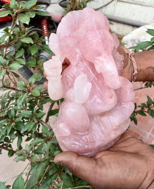 Gemstone Ganesh Handmade in Rose Quartz -Lord Ganesha Idol |Sculpture in Crystals and Gemstones -Reiki/Chakra/Healing - 8 in and 2.97 kg