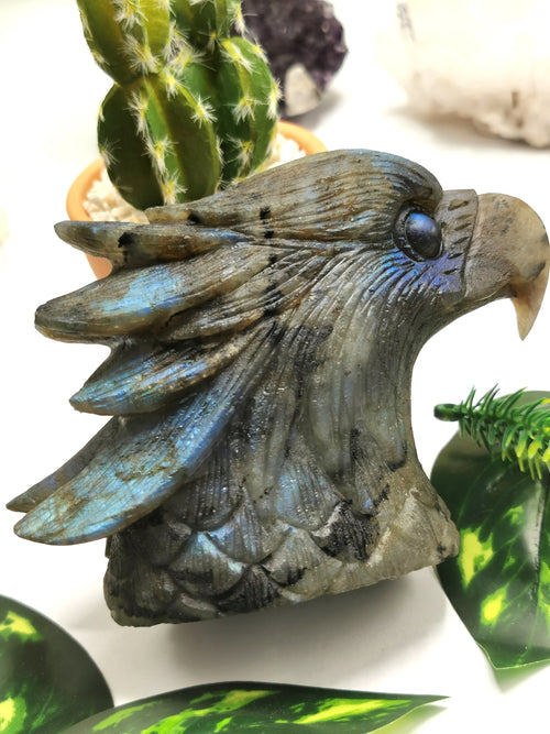 Labradorite Animal Carving - Bald Eagle Head carved in black rainbow stone - Home Decor - Shwasam