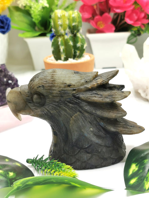 Labradorite Animal Carving - Bald Eagle Head carved in black rainbow stone - Home Decor - Shwasam