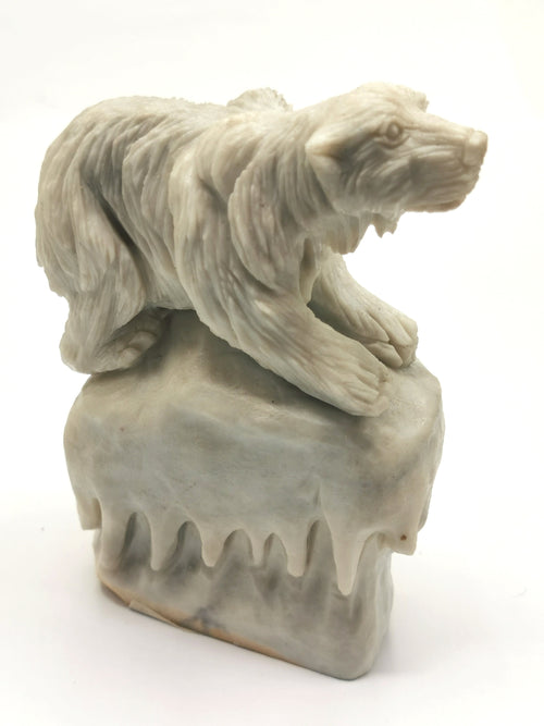 Exquisite polar bear on melting glacier carving in Chinese white jade crystal stone - Shwasam