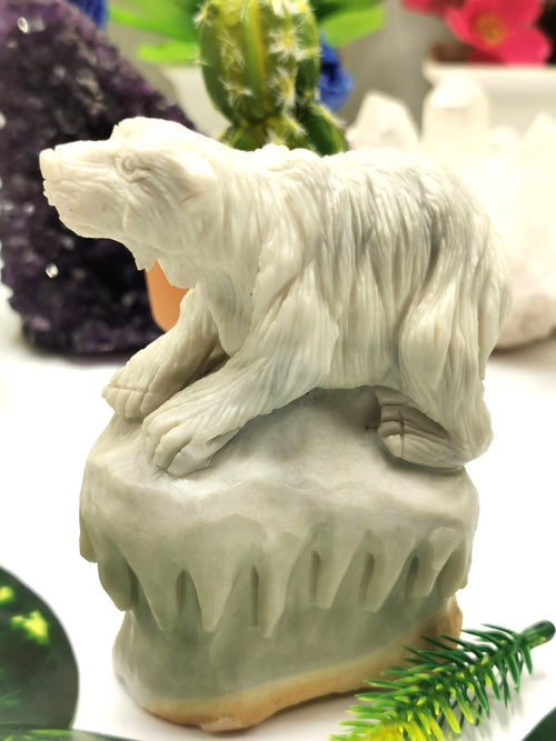 Exquisite polar bear on melting glacier carving in Chinese white jade crystal stone - Shwasam