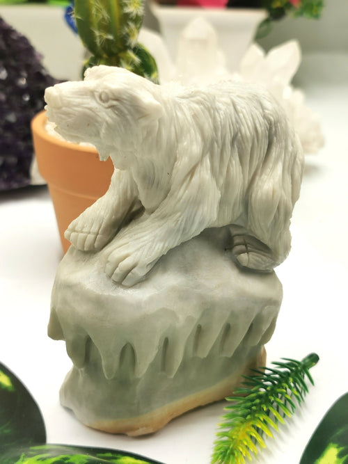 Exquisite polar bear on melting glacier carving in Chinese white jade crystal stone - Shwasam