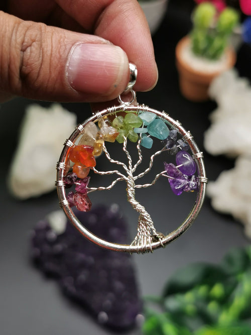 Unique 7-chakra stones Tree of Life pendant - Amethyst, Garnet and aventurine stones - Shwasam