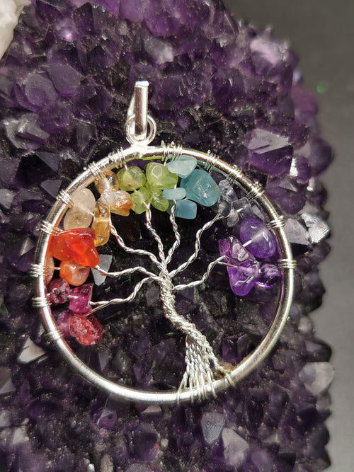Unique 7-chakra stones Tree of Life pendant - Amethyst, Garnet and aventurine stones - Shwasam