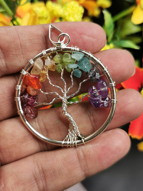 Unique 7-chakra stones Tree of Life pendant - Amethyst, Garnet and aventurine stones - Shwasam