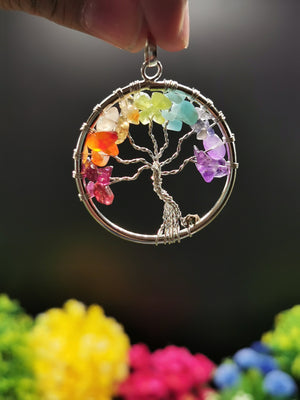 Unique 7-chakra stones Tree of Life pendant - Amethyst, Garnet and aventurine stones - Shwasam