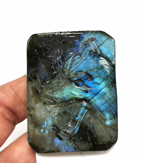 Labradorite slab carving of Wolf head - Meticulouly handcarved - Lapidary Art - Shwasam