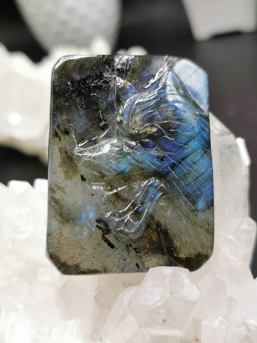 Labradorite slab carving of Wolf head - Meticulouly handcarved - Lapidary Art - Shwasam