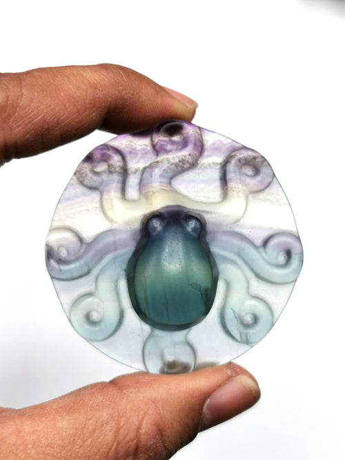 Rainbow Fluorite Stone carving of a beautiful Octopus - Handcarved lapidary art - Shwasam